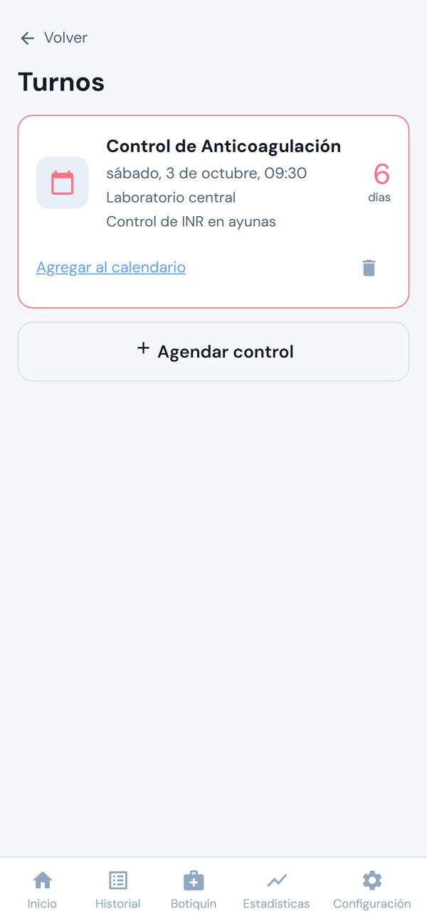 Turnos: control de anticoagulación en 6 días