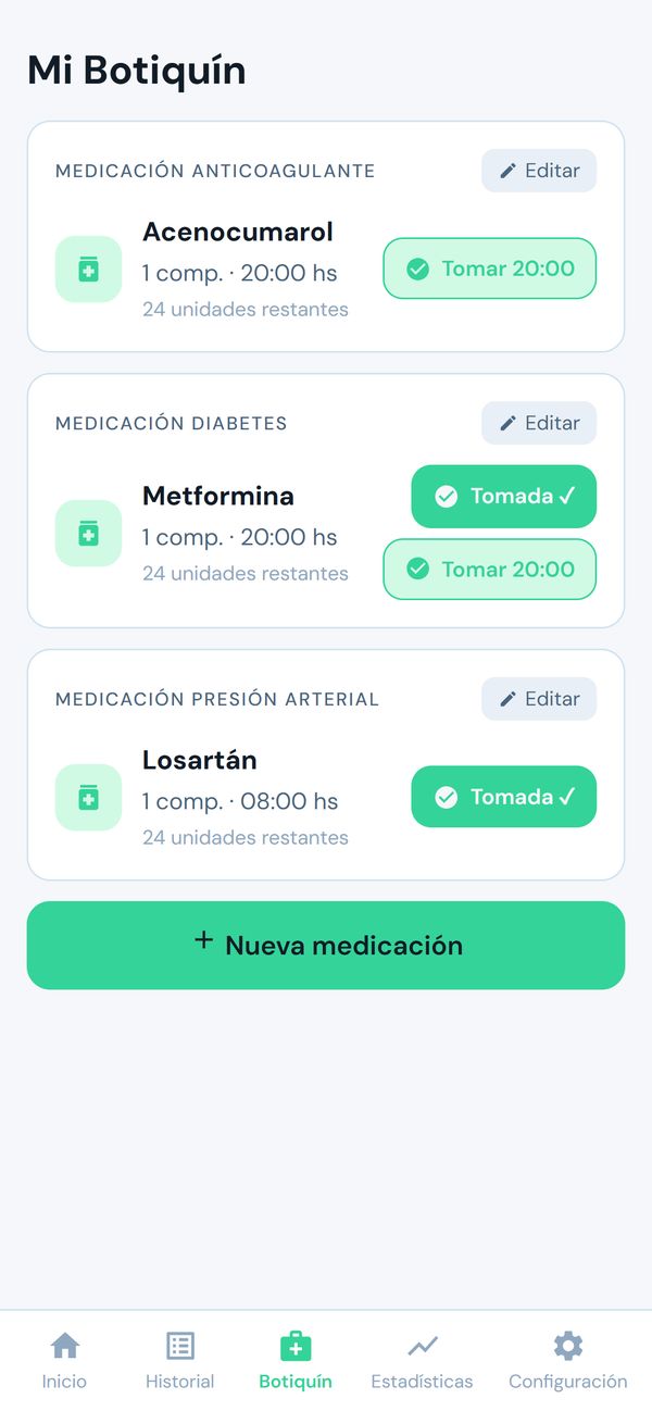 Botiquín con tres medicamentos, su horario, stock y el botón Tomar