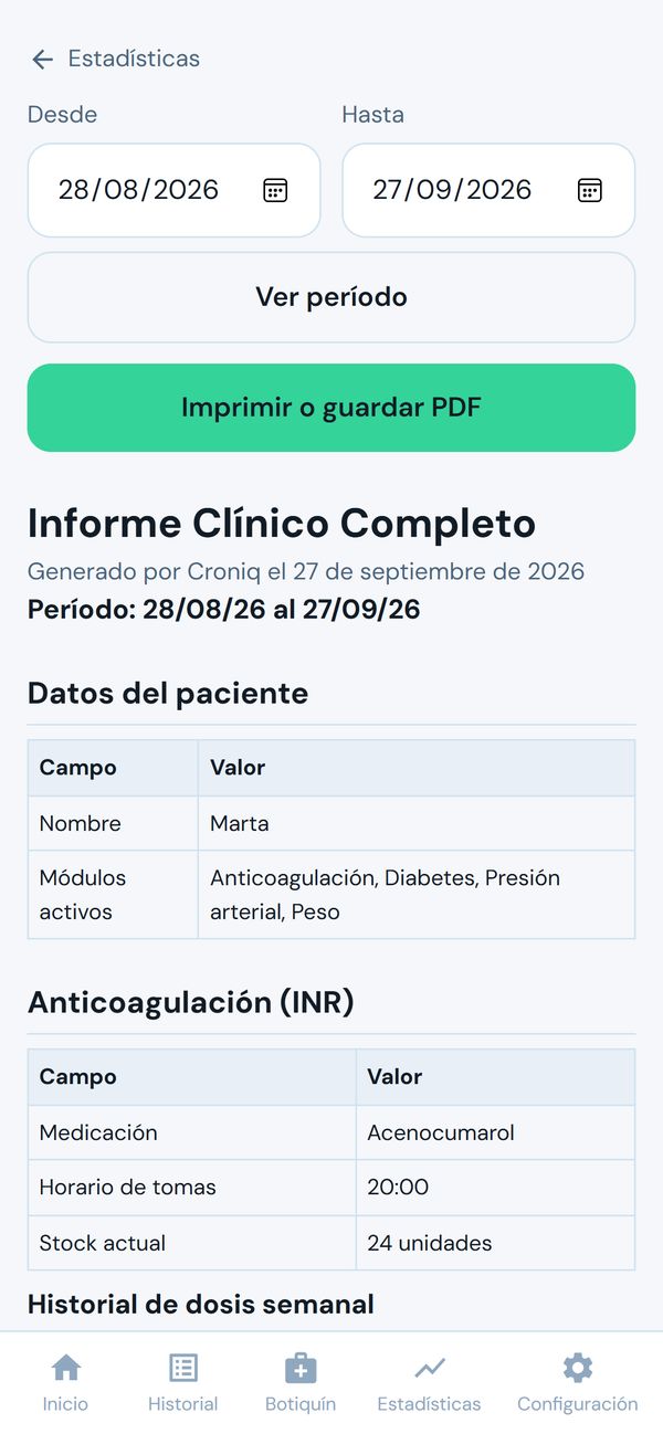 Informe clínico completo del período, para imprimir o guardar en PDF